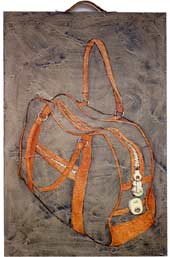 Cement Bag, 1994, acrylic, cement and leather handle on canvas, 80 x 51 cm.