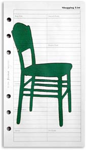 Small Comforts, Chair 05, Monoprint on Personal Filofax paper. (Green wooden chair)